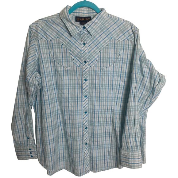 Ariat Western‎ Shirt Mens XXL Blue Plaid Rhinestone Snap Cowboy Rodeo - Picture 2 of 10